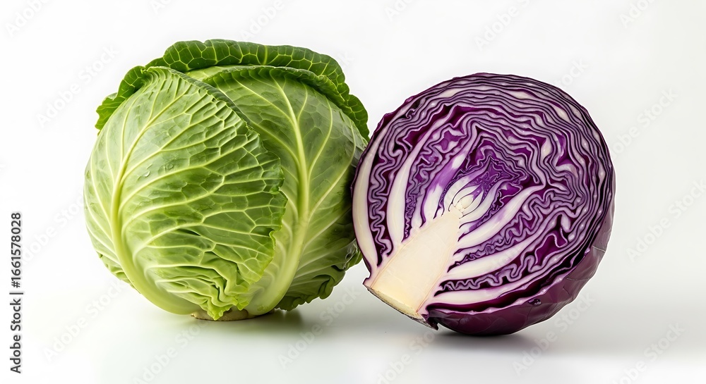 Fototapeta premium Close-up of Green and Red Cabbage, Vibrant Colors and Textures