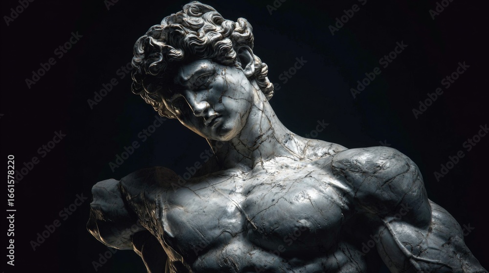 Fototapeta premium Cracked classical male statue with dramatic lighting on dark background.