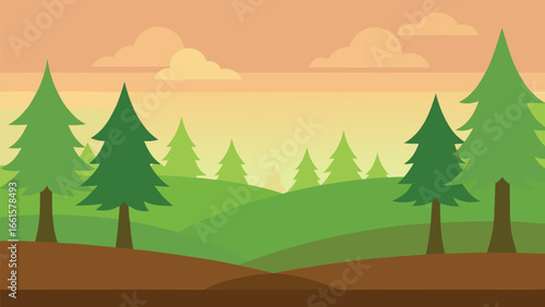 Flat design peaceful forest clearing with pine trees and gentle hills landscape vector illustration
