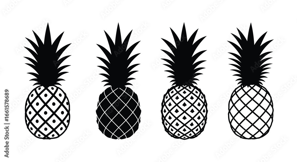 Fototapeta premium Four black and white pineapples with different patterns on a plain background