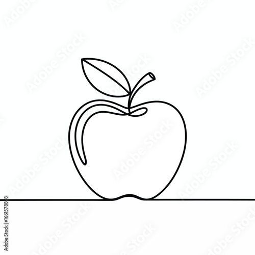 Minimalist single line drawing of an apple with a leaf