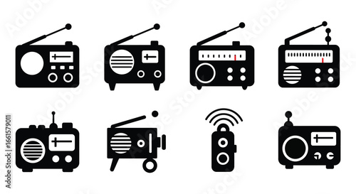 Collection of vintage and modern radio devices in black and white