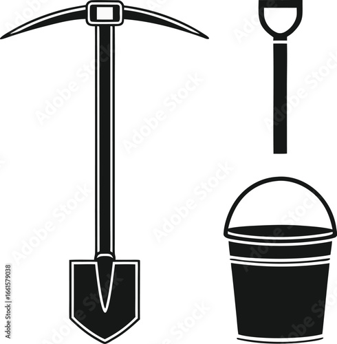 Minimalist pickaxe shovel and bucket