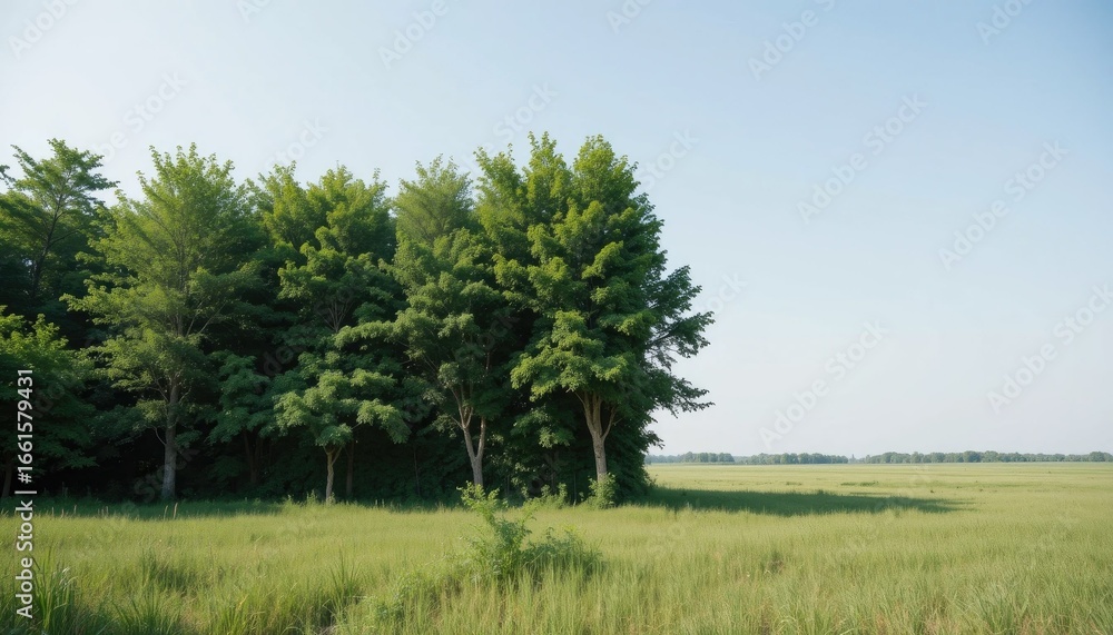 Fototapeta premium “A simple, uncluttered natural scene with trees forming a green wall as an environmental buffer, surrounded by clean grassland and open horizon.” 