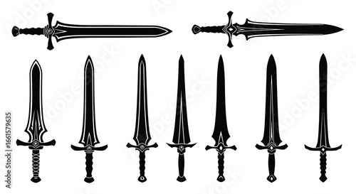 A collection of various medieval style swords and daggers on white background