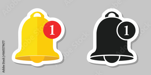 Notification bell sticker icon in flat style. Incoming inbox message vector illustration on isolated background. Ringing bell sign business concept.
