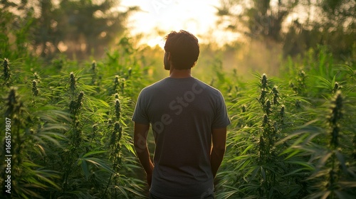 marijuana researcher checking the cannabis plantation in a cannabis farm, symbolizing the growing agricultural and medicinal cannabis industry, Generative AI