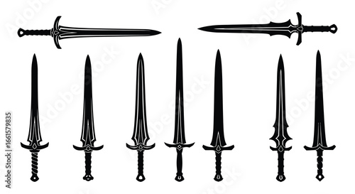 Collection of various medieval swords and daggers on white background