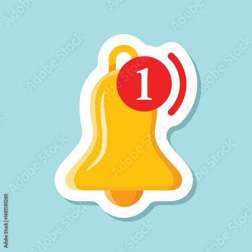 Notification bell sticker icon in flat style. Incoming inbox message vector illustration on isolated background. Ringing bell sign business concept.