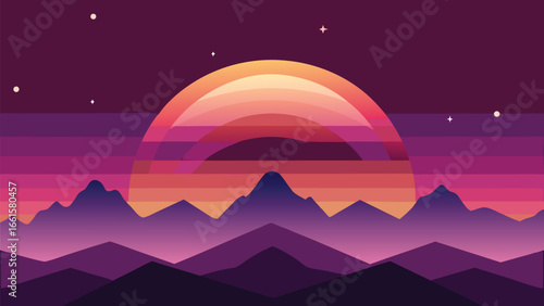 Retro galactic horizon with layered mountains and abstract sunset sky illustration