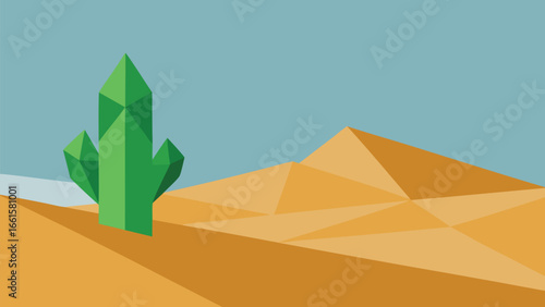 Geometric desert landscape with angular cactus and sand dunes vector illustration