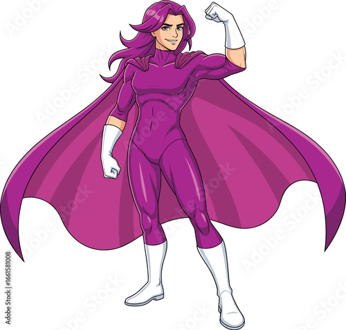 Confident female superhero in purple costume and cape, flexing arm, powerful stance, animated comic style vector illustration for hero-themed content, isolated