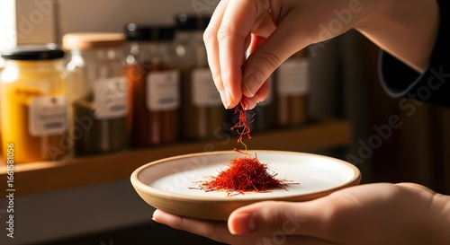 Hand sprinkling precious saffron threads onto a white plate in a spice pantry