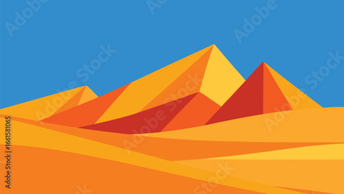 Geometric desert landscape with angular pyramids and sandy dunes vector illustration