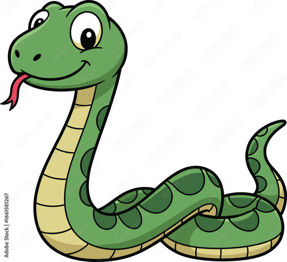 Naklejka premium Cute cartoon green snake with big eyes and smiling face, playful reptile with tongue out, friendly snake vector illustration for children and wildlife content