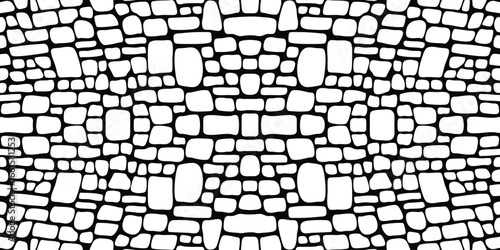 Black and white stone wall pattern with irregular overlapping shapes. Bold graphic lines create a flat, geometric, and repetitive texture, perfect for backgrounds or design templates.