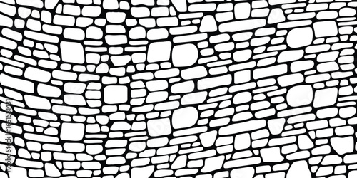 Black and white stone wall pattern with irregular overlapping shapes. Bold graphic lines create a flat, geometric, and repetitive texture, perfect for backgrounds or design templates.