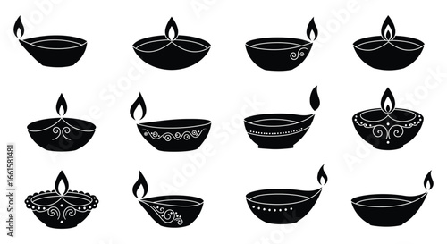 Black diya lamp icons with flame in various traditional designs on white background