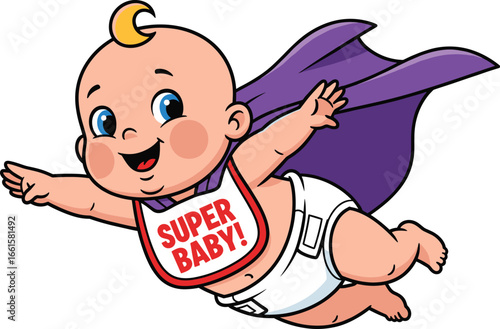Cute flying baby superhero with purple cape, happy smiling infant wearing diaper and bib, cartoon character vector illustration, isolated on white background