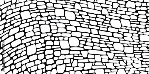 Black and white stone wall pattern with irregular overlapping shapes. Bold graphic lines create a flat, geometric, and repetitive texture, perfect for backgrounds or design templates.
