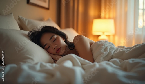 Woman sleeps peacefully in a cozy bed surrounded by soft bedding and gentle lighting. Soft glow of a lamp casts a tranquil atmosphere. Beige wall and window let in subtle light.