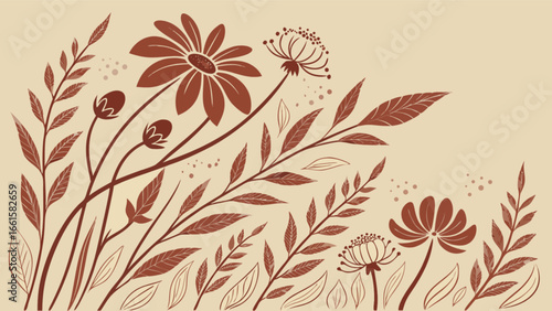 Illustration showing a floral arrangement with daisies, buds, and foliage in a vintage style scheme