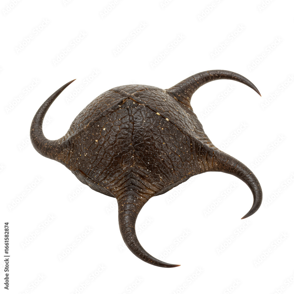 Fototapeta premium A single dark brown 'mermaid's purse' skate egg case, leathery, translucent, four curled horn tendrils, transparent studio background, shadowless lighting, scientific specimen concept.