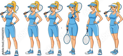 Group of female tennis players in blue outfits, athletic women holding rackets, confident tennis athletes with visors, sports vector illustration, healthy active lifestyle concept