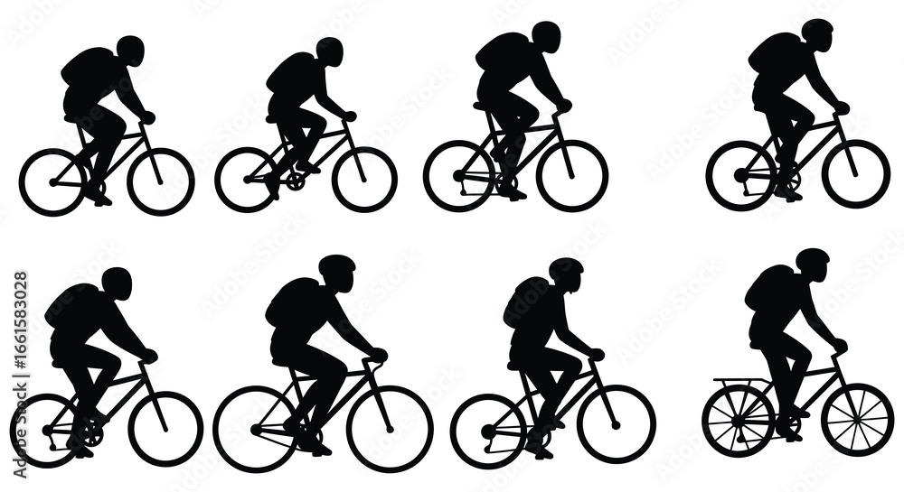Obraz premium Silhouette of a cyclist riding a bicycle in various positions and movements