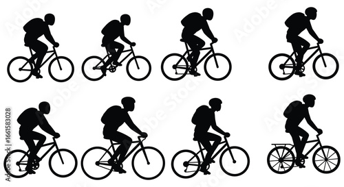 Silhouette of a cyclist riding a bicycle in various positions and movements
