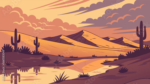 Illustration of a desert landscape with cacti and sand dunes under a cloudy orange sky at sunset