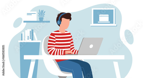 Young man in headphones working remotely on a laptop at a desk, embodying modern productivity, online learning, and a connected lifestyle from home.