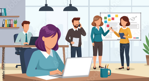 Diverse business team collaborating and working diligently in a modern open-plan office, representing teamwork, productivity, and strategy for corporate success.