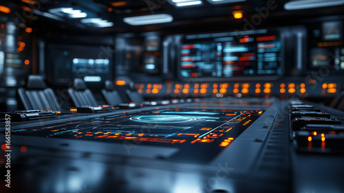 A futuristic command center with a large illuminated data table display for advanced digital operations and strategic planning.