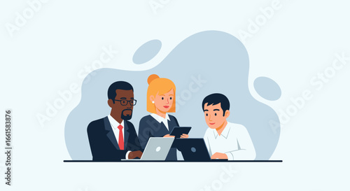 Diverse business team collaborating and discussing a project using laptops and a tablet. Represents teamwork, innovation, and communication in a modern office environment.