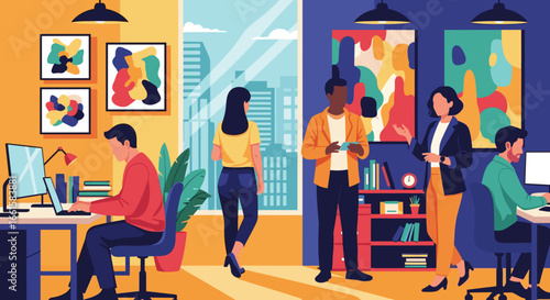 Diverse team collaborating and working individually in a vibrant modern office, showcasing productivity and a dynamic corporate environment.