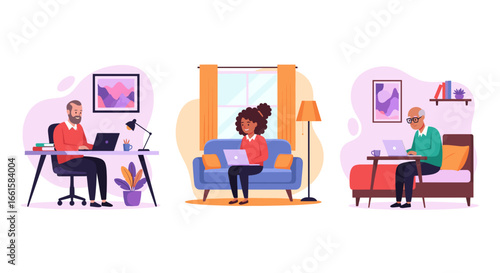 Diverse people working remotely from home on laptops, illustrating modern flexible work arrangements and digital lifestyle. Concepts of productivity and comfort.