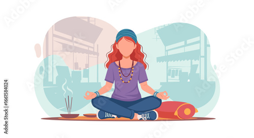 Serene young woman practicing meditation outdoors with incense, embodying peace, relaxation, and a mindful approach to life.