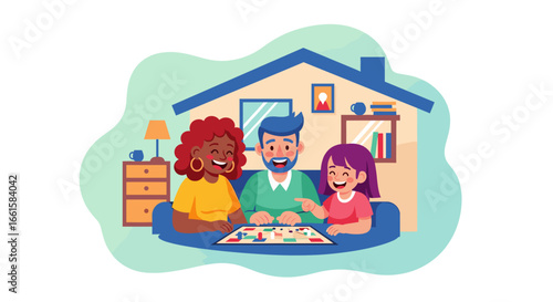 Joyful family playing a board game at home, sharing laughter and quality time together. Perfect for illustrating domestic leisure and happiness.