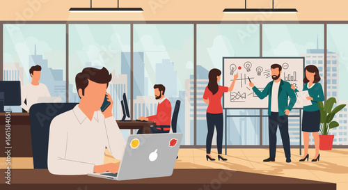 Diverse business team working and brainstorming in a vibrant, modern office with large windows overlooking a city, representing professional productivity and new ideas.