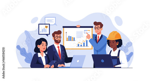 Diverse business team collaborating on project strategy, analyzing data, and discussing growth plans in a professional office setting. Ideal for corporate success.