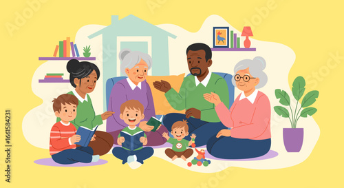 Happy multi-generational family bonding at home, enjoying storytelling and reading together. Depicts intergenerational learning and family values.