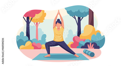 Woman practices yoga in a serene park setting, fostering balance, wellness, and a healthy lifestyle. Ideal for fitness, mindfulness, and outdoor activity themes.