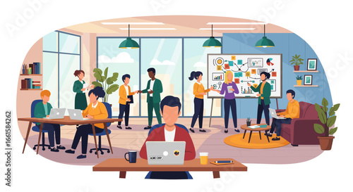 Diverse team collaborates in a modern office, engaged in strategic discussions, brainstorming, and individual work, fostering innovation and productivity in a dynamic business environment.