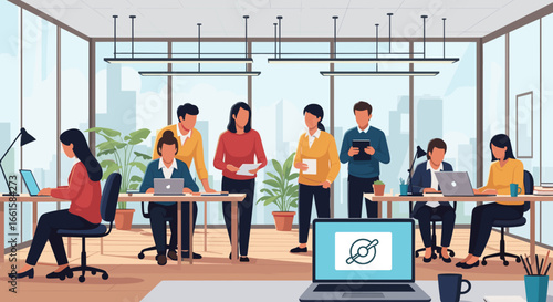 Diverse team collaborating and working diligently in a modern, bright open-plan office with city views, symbolizing productivity and professional success.