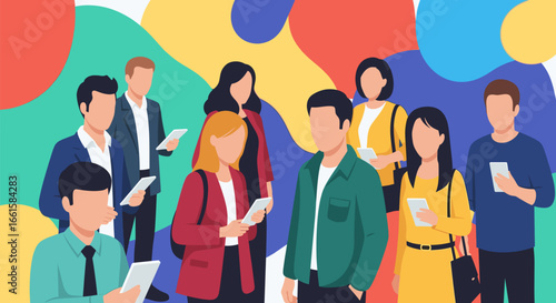 Diverse group of modern people engaging with digital devices amidst a vibrant abstract background, illustrating connectivity, social networking, and technology integration in daily life and business.