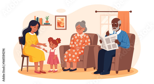 Happy multi-generational family gathering at home. Grandparents relaxing, while mother and daughter enjoy a sweet moment together. Ideal for family, lifestyle, and bonding.