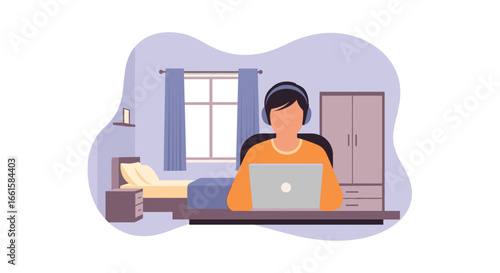 Person working remotely on a laptop with headphones in a cozy bedroom, illustrating modern work-from-home lifestyle, online education, or virtual communication.