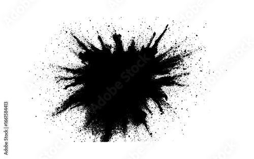 A dramatic burst of fine black powder exploding outward on a clean white background. Abstract ink-splash effect with scattered particles and dynamic energy.