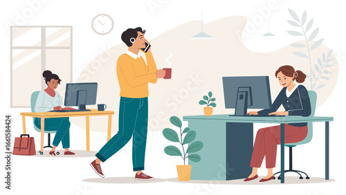 Diverse team diligently working in a modern, collaborative office. Employees communicate, manage tasks, and foster productivity in a dynamic work environment.